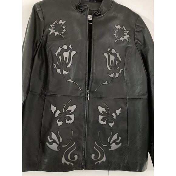 Nolan Miller Stiff Leather Jacket Glamour Women’s Large Black & Gray Embroidery - Picture 4 of 9